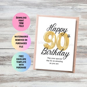 Carte imprimable 90e anniversaire, carte joyeux 90e anniversaire, carte d'anniversaire étape importante, cadeau joyeux 90e anniversaire