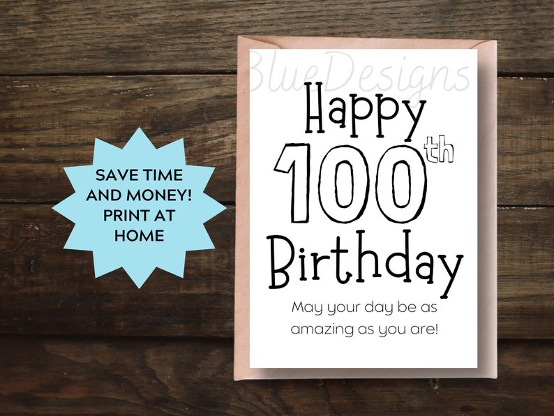 100th Birthday Card Printable, Simple Happy 100 Birthday Card, Grandma ...
