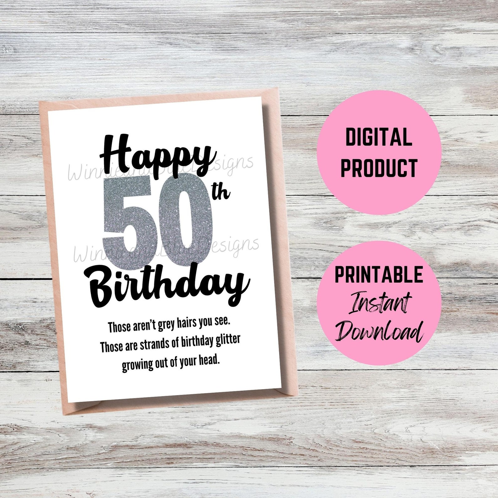 Printable 50th Birthday Card, Funny Grey Hair Glitter Birthday Card, 50 ...