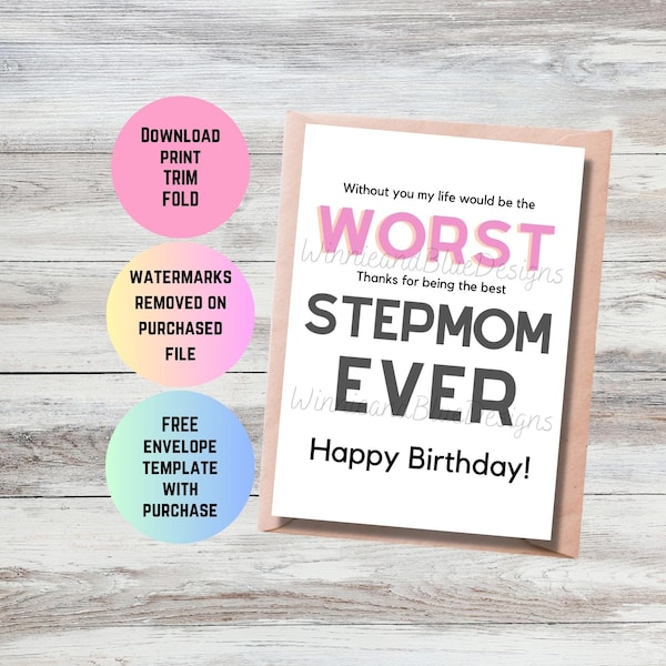 Funny Printable Stepmom Birthday Card, Worst Stepmom Ever Card, Digital Birthday Card, Step Mother Birthday Card, Step Mom Birthday Gift