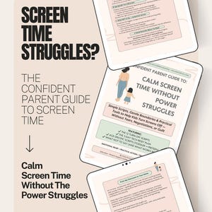 Puede incluir: Tres tabletas digitales apiladas que muestran una guía titulada "Tiempo de pantalla tranquilo sin luchas de poder". La guía ofrece guiones y límites. La portada presenta una ilustración de padre e hijo.