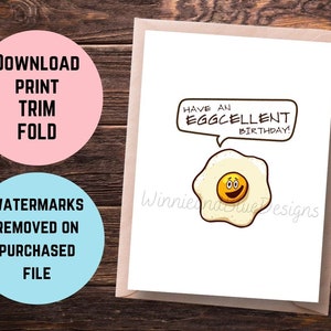 Tarjeta de cumpleaños divertida con forma de huevo para imprimir, tarjeta de cumpleaños excelente, tarjeta de cumpleaños con un juego de palabras con forma de huevo, tarjeta de cumpleaños para él, tarjeta de cumpleaños para ella