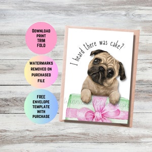 Cartão de aniversário de cachorro para impressão - Cartão de aniversário de Pug - Cartão do cachorro
