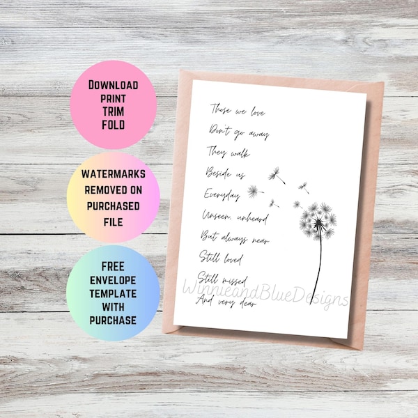 Printable Condolences Card, Those We Love Sympathy Card, Dandelion Condolence Card, Condolences Card, Simple Sympathy Card, Condolence Gift