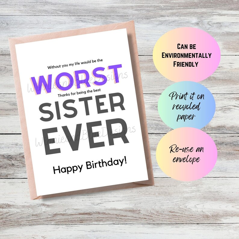 Printable Sister Birthday Card, Funny Worst Sister Ever Card, Digital ...