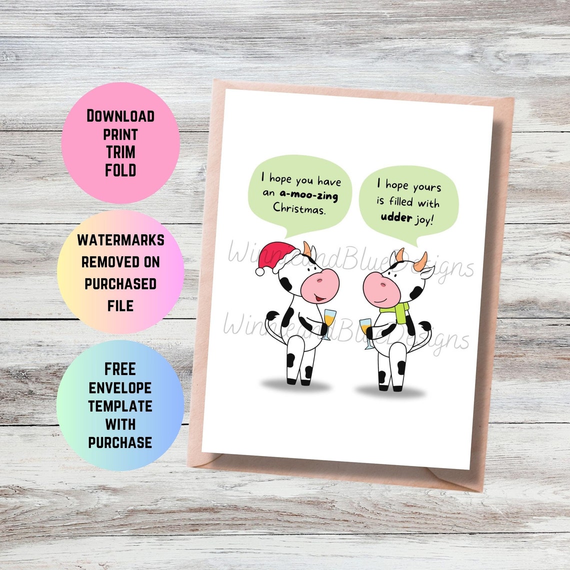 Printable Cow Christmas Card -funny Cow Pun Christmas Card - Udderly ...