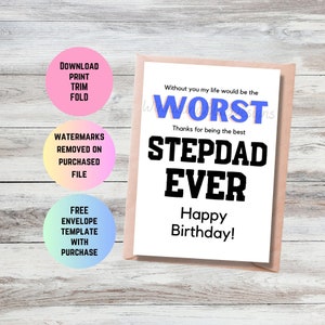 Afdrukbare stiefvader verjaardagskaart, grappige stiefvader verjaardagskaart, beste stiefvader verjaardagskaart, grappige slechtste stiefvader kaart, verjaardagskaart stiefvader