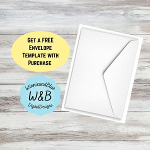 May include: A white envelope with a yellow circle that says "Get a free envelope template with purchase".  A blue circle with white snowflakes says "WinnieandBlue W&B DigitalDesigns".