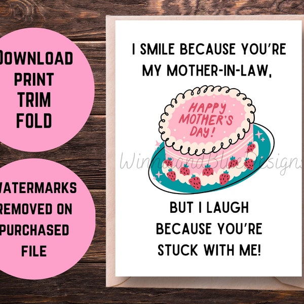 Printable Mother In Law Mother's Day Card, Funny Mother in Law Mothers Day Card, Sarcastic Mother In Law Mom Card, Card for mum