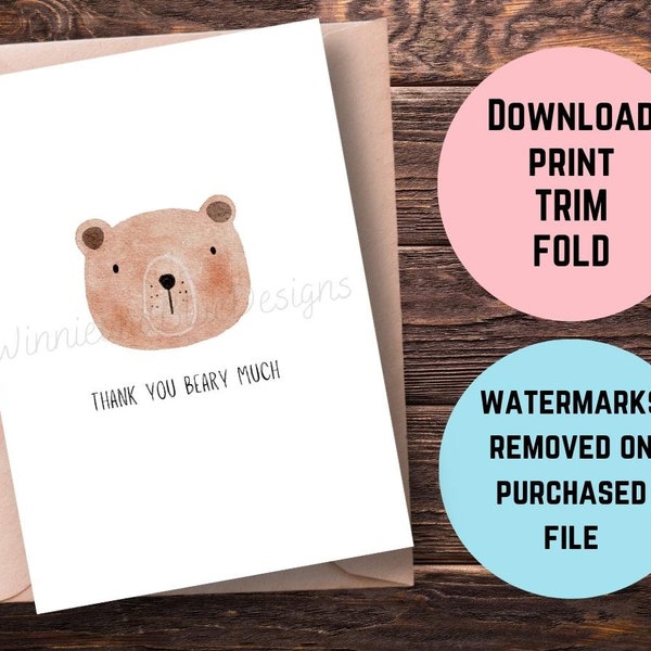 Printable Funny Bear Thank You Card, Thank You Bear Much Card, Cute Bear Thank You Card, Bear Pun Thank You Card