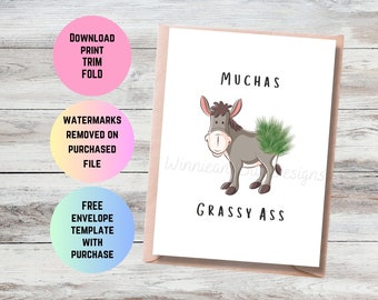 Printable Funny Thank You Card, Grassy Ass Thank You Card, Funny Donkey Pun Thank You Card, Muchos Gracias Thank You Card