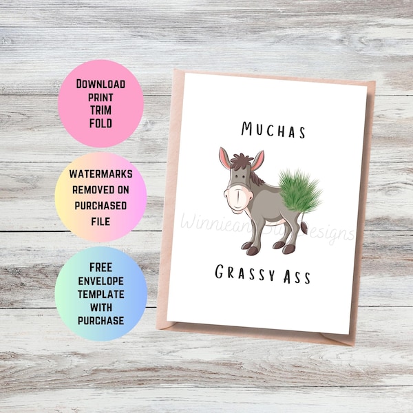 Printable Funny Thank You Card, Grassy Ass Thank You Card, Funny Donkey Pun Thank You Card, Muchos Gracias Thank You Card