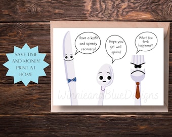 Get Well Soon Card Printable, Funny Pun Knife Spoon Fork, Thinking