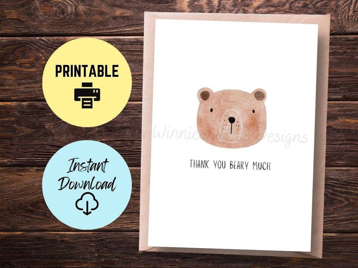 Printable Thank You Card, Funny Bear Thank You Card, Thank You Bear Much Card, Cute Bear Thank ...