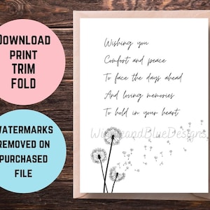 Printable Sympathy Card, Comfort and Peace Condolence Card, Dandelion Grief Card, Condolences Card, Simple Sympathy Card, Condolence Gift