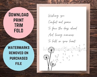 Printable Sympathy Card, Comfort and Peace Condolence Card, Dandelion Grief Card, Condolences Card, Simple Sympathy Card, Condolence Gift