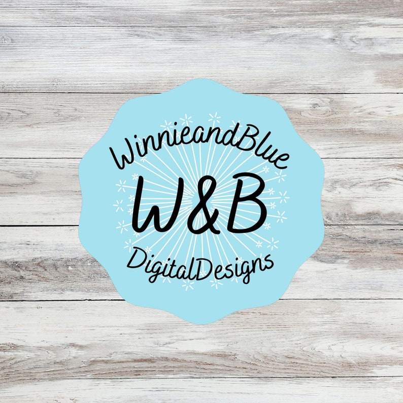 May include: A light blue circle with a white starburst design and the text "Winnie and Blue" and "W&B Digital Designs" in black.