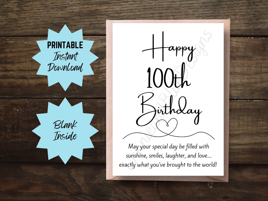 Printable 100th Birthday Card, Milestone Birthday Card for Grandma or ...