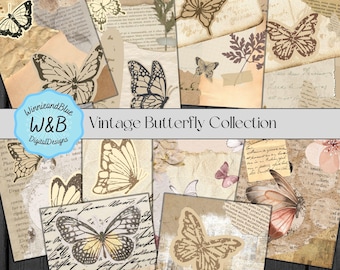 Butterfly Junk Journal Kit: Vintage Ephemera, Collage Pages (Digital Download)