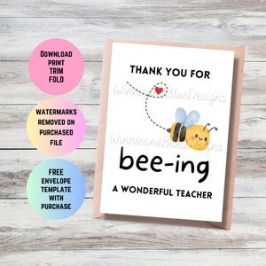 Carte de remerciement imprimable pour professeur, carte d'abeille pour l'appréciation du professeur, merci d'avoir été un merveilleux professeur, fin d'année scolaire