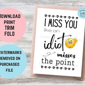 Tarjeta imprimible de "Te extraño" - Tarjeta divertida de relación a larga distancia - Te extraño como un idiota que pierde el sentido