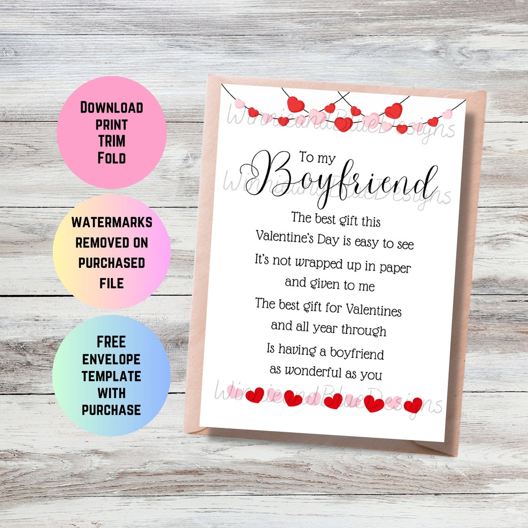 Printable Boyfriend Valentines Day Card, Valentine Poem Card for ...
