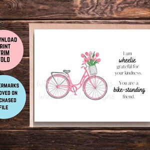 Tarjeta de agradecimiento imprimible con divertido juego de palabras sobre bicicletas, divertida tarjeta de agradecimiento con una bicicleta, tarjeta de agradecimiento para una amiga, tarjeta de agradecimiento para ella, regalo de agradecimiento