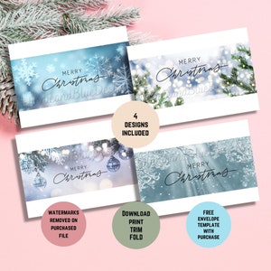 Lot de 4 cartes de Noël imprimables - motifs des fêtes - conifères, flocons de neige, arbres glacés et ornements - cartes de joyeux Noël