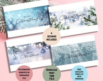 Printable Christmas Cards - Set of 4 designs - Evergreens, Snowflakes, Icy Trees, and Ornaments - Merry Christmas Cards