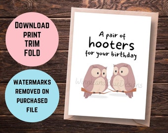 May include: A white card with a brown envelope. The card has a pair of owls with the text "A pair of hooters for your birthday".