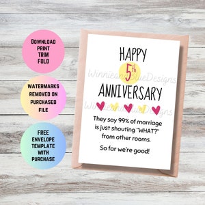 Cartão engraçado de 5º aniversário para impressão, cartão engraçado de quinto aniversário, presente de aniversário de 5 anos, para marido ou namorado, download instantâneo