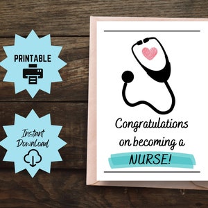 Tarjeta de graduación de enfermería imprimible, felicitaciones por tu título de enfermería, graduado en medicina, graduado en atención médica, graduado de la escuela de enfermería, enfermero registrado