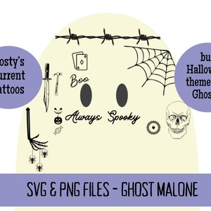 Może przedstawiać: Cyfrowa ilustracja ducha z różnymi tatuażami o tematyce Halloween, w tym pajęczyną, czaszką, nożem, młotkiem, kartą do gry, kukurydzą, dynią, pająkiem i słowami "Boo", "Always" i "Spooky". Tekst "Posty's current tattoos" i "but Halloween themed for Ghosty" również znajduje się na obrazku. Tekst "SVG & PNG FILES - GHOST MALONE" znajduje się na dole obrazka.