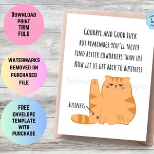 Carte de départ imprimable drôle de collègue du groupe - carte de retraite - cadeau collègue - nouvel emploi - cadeau d'adieu collègue - carte drôle de chat