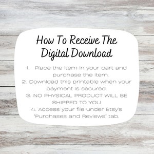 May include: White text on a white background with a wood grain texture. The text reads "How To Receive The Digital Download".  The text below explains how to download a digital product purchased on Etsy.