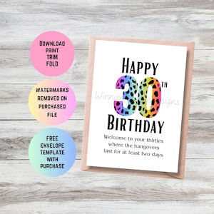 Funny 30th Birthday Card: Hangovers Last For Days (PDF Pattern)