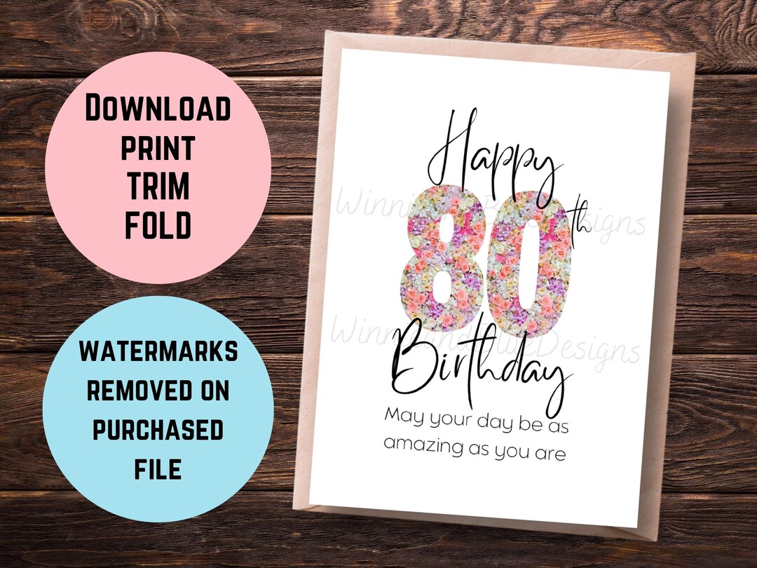 Printable 80th Birthday Card, Grandma or Grandpa Birthday Gift, Happy ...