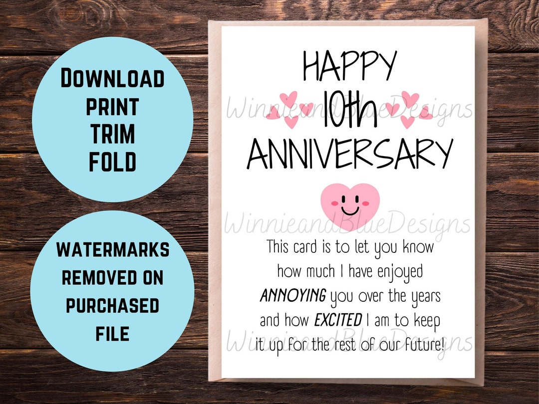 Printable 10th Anniversary Card Funny Tenth Anniversary - Etsy