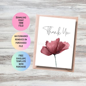 Druckbare Dankeskarte, einfache Dankeskarte, Aquarell Mohn Dankeskarte, leere Blumen Dankeskarte