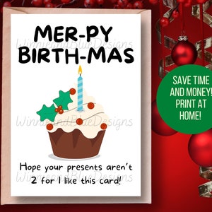 Druckbare Geburtstag Weihnachtskarte, lustige Weihnachten Geburtstagskarte, frohe Weihnachtskarte, lustige Weihnachtskarte, Feiertagskarte, glückliche Weihnachtskarte