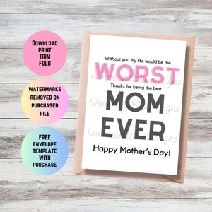 Cartão engraçado do dia das mães para impressão, cartão de feliz dia das mães, melhor cartão de dia das mães, download instantâneo