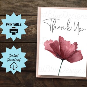 Druckbare Dankeskarte, einfache Dankeskarte, Aquarell Mohn Dankeskarte, leere Blumen Dankeskarte