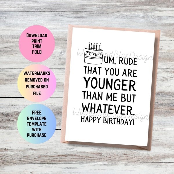 Printable Snarky Birthday Card, Rude that you're younger than me, Hilarious Birthday Card, Funny Birthday card for Her, Card for him