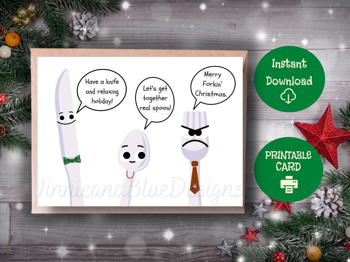 PRINTABLE Christmas Card, Merry Christmas Pun Card, Knife Spoon Fork Pun Card, Funny Utensil Pun ...
