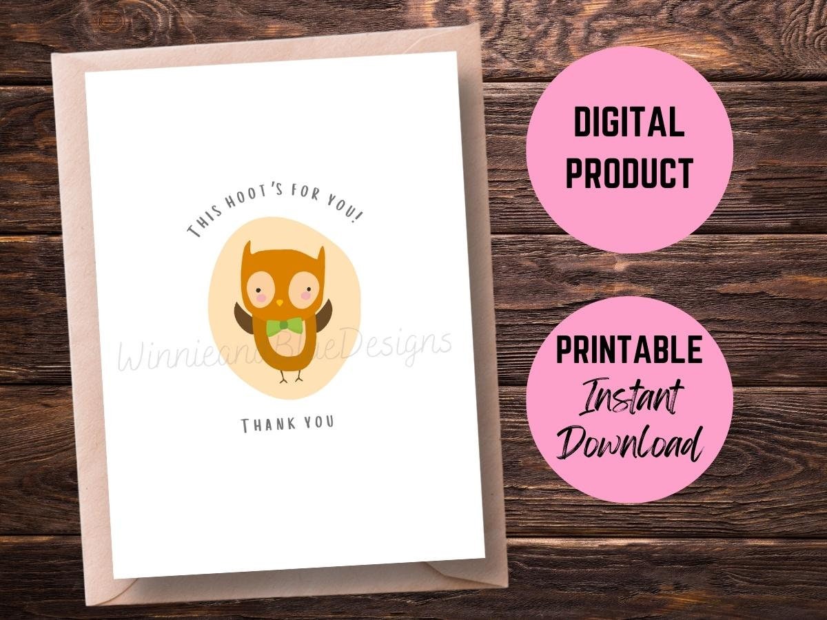 Printable Owl Thank You Card, This Hoots for You Thank You Card, Funny Owl Thank You Card, Funny ...