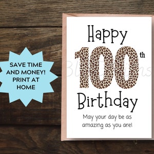 Tarjeta de cumpleaños número 100 con estampado de leopardo: Diseño &quot;Wild One&quot; (imprimible)