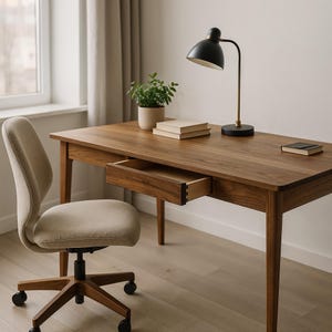 May include: A wooden desk with an open drawer, a black desk lamp, and a beige office chair. A small potted plant and a stack of books sit on the desk. The desk and chair have a mid-century modern design.