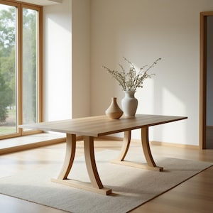 Puede incluir: Una mesa de comedor de madera clara con una parte superior rectangular y patas curvas. Dos jarrones con flores secas y un jarrón pequeño están sobre la mesa. La mesa está sobre una alfombra de color claro en una habitación bien iluminada. La mesa mide unos 200 cm de largo.
