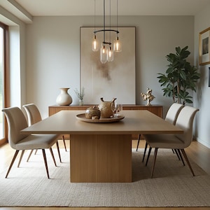 May include: A square wooden dining table with a light wood finish and six beige upholstered chairs. The table has a single pedestal base and is set with a wooden tray, a teapot, and two wine glasses. A large abstract painting hangs on the wall behind the table.