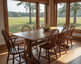 May include: A wooden dining table with six chairs, all made of light wood. The table has a natural wood finish and the chairs have a slightly darker stain. The table is set in a room with large windows that offer a view of a grassy field and trees.